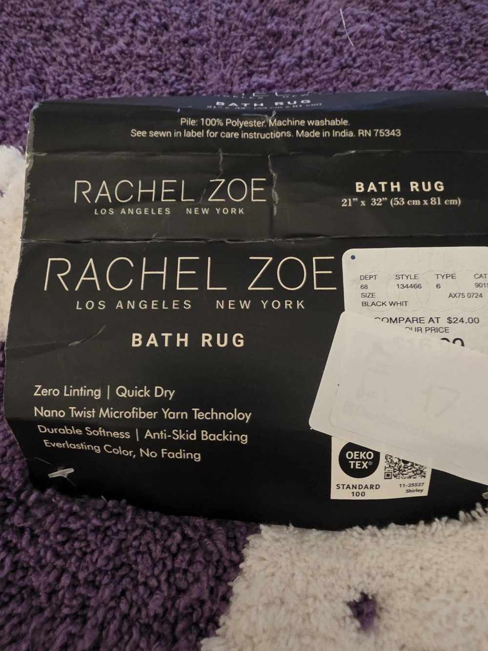 Rachel Zoe Purple and White Plush Bath Rug - Microfiber 21x 32 Inches